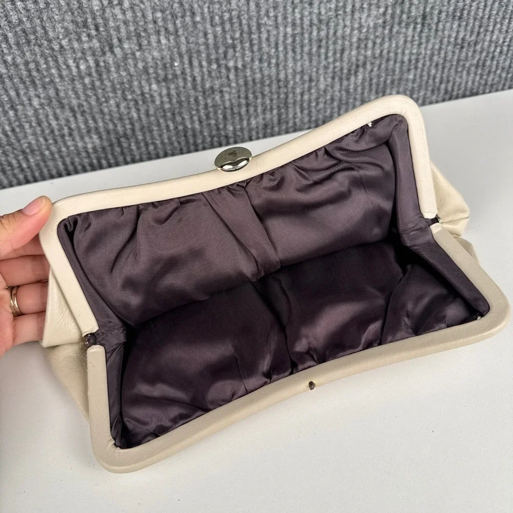 Vintage Cream Slouchy Frame Clutch Bag Evening‎ Pouch Off-White Silver B72Q